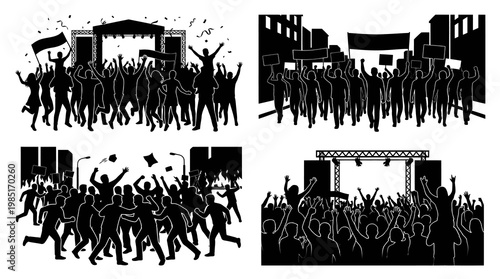 Black  White Crowd Silhouettes: Concert, Protest, Celebration, Festival