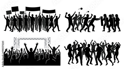 Silhouette of protest crowd, riot police, and cheering audience at concert