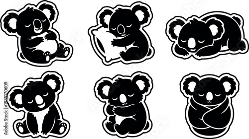 Black and white koala bear sleeping and hugging in line art vector set