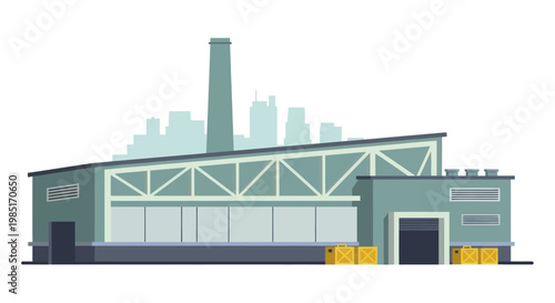 Industrial factory building with chimney and modern architecture.
