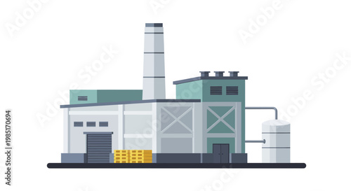 Industrial Factory Building with Chimney and Storage Tanks.
