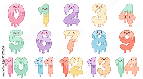Cute Kawaii Numbers Collection, Cartoon Drip Style, Vector Art