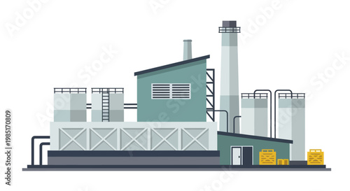 Industrial factory building with smokestack and storage tanks.