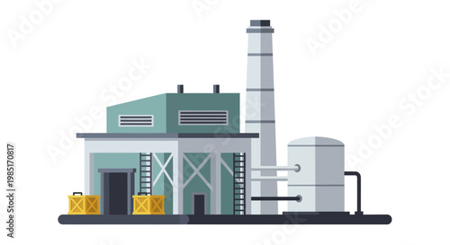Industrial Factory Building with Smokestack and Storage Tanks.