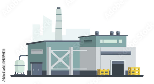 Industrial Factory Building with Smokestack and Storage Tanks.