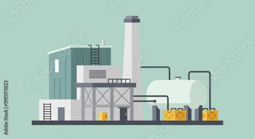 Industrial Factory Building with Smokestack and Storage Tanks.