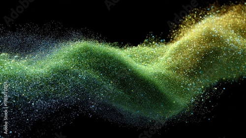 Abstract colorful wave of vibrant particles and dust swirling gracefully in motion against a black background conveying energy and dynamism in art