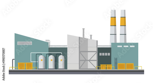 Industrial factory building with smokestacks and storage tanks.