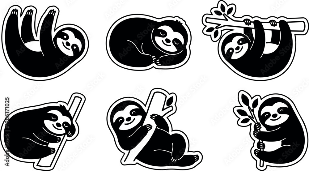Obraz premium Black and white sloth vector art in six playful poses holding branches