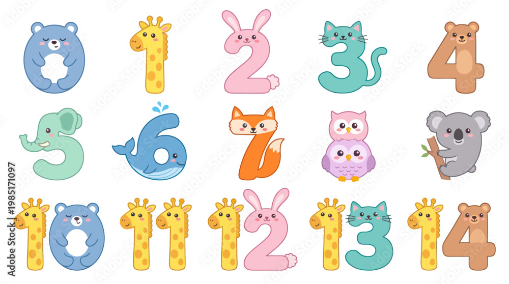 Fototapeta premium Cute Animals as Numbers 0-9, Educational Graphics for Kids
