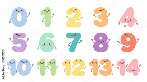 Cute Cartoon Numbers 0-14 with Faces and Arms, Vector Illustration