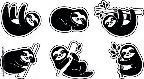 Black and white sloth vector art in six playful poses holding branches