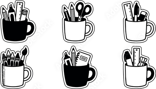 Cups filled with pencils rulers scissors and notebooks