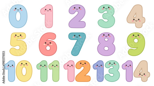 Cute Cartoon Numbers 0-14, Education, Kids, Vector Illustration