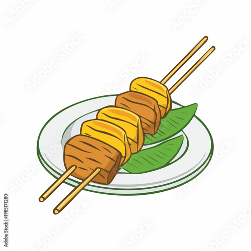 Satay Skewers on Plate with Banana Leaf Garnish Vector Illustration