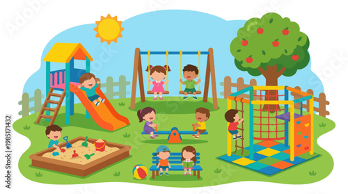 Children's playground with swings, slide, sandbox, climbing frame, and tree