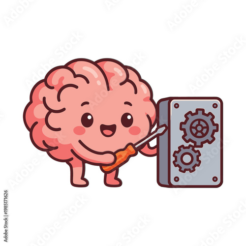 Cute brain fixing gears with screwdriver
