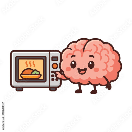 Cartoon Brain Pressing Button On Microwave Oven