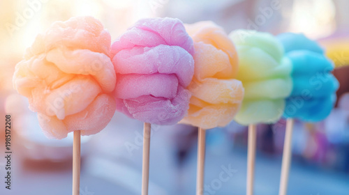 A line of colorful pastel fluffy sweets on wooden sticks, brightly lit with a soft, blurred background