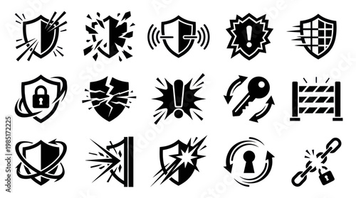 Security Icons: Shields, Lock, Key, Chain, Alert, Barrier, Protection