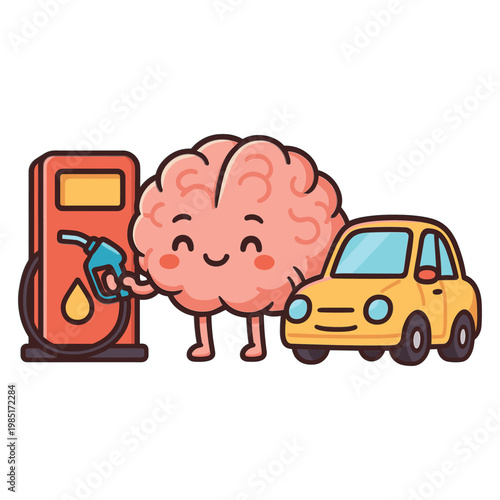 Cute brain character fueling a small yellow car