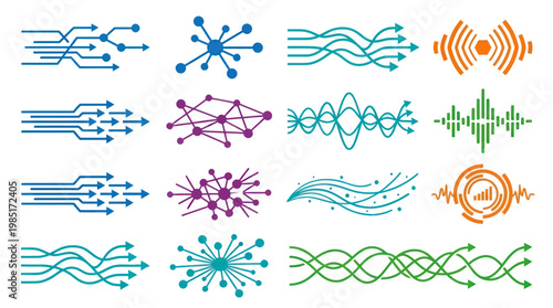 Abstract Technology Icons: Network, Data Flow, Waves, Sound Waves, Signals