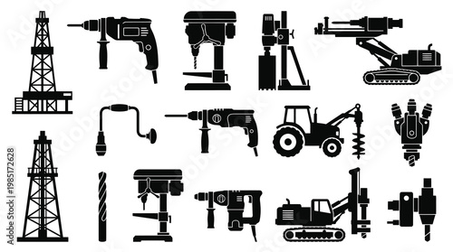 Black and White Icons of Drilling Equipment and Rigs