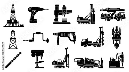 Black and White Icons of Drilling Rigs, Tools, and Equipment
