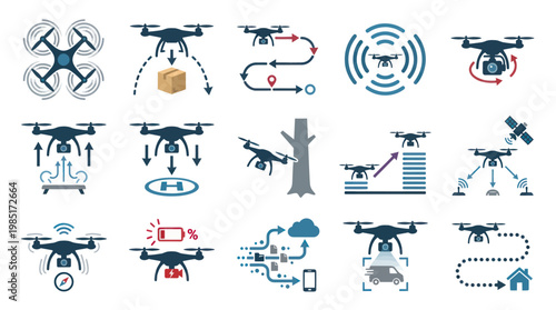 Drone Technology Icons: Delivery, Surveillance, Navigation, and Data Transfer