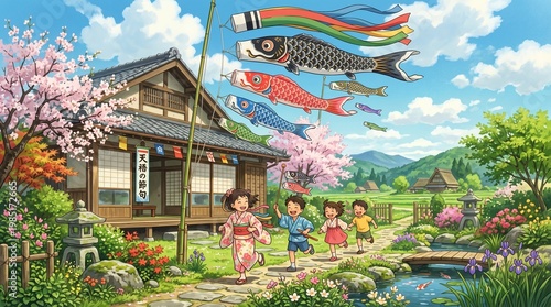 Japanese village with children and carp streamers during children's day festival