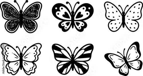 Black and white butterfly line art set with varied wing patterns vector illustration