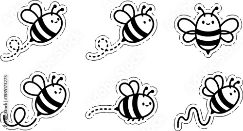 Black and white cartoon cute bees flying with dotted flight trails vector art