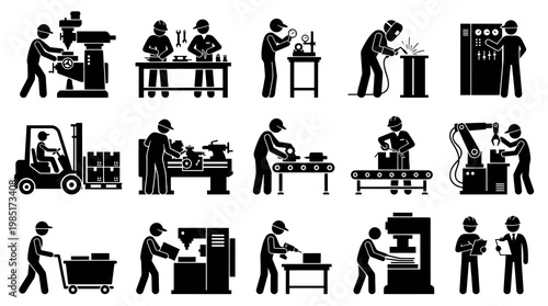 Black Glyph Icons of Industrial Manufacturing Workers and Production Processes