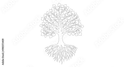 Stylized Tree Outline with Detailed Roots and Leaves