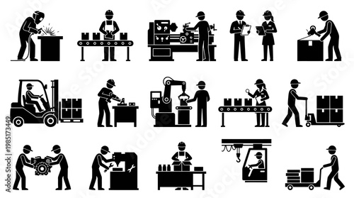 Black and White Industrial Manufacturing Icons Set