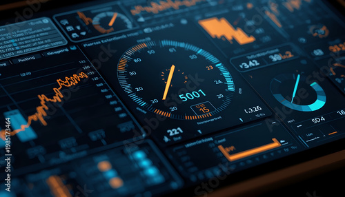 A futuristic dashboard displaying various data metrics and analytics in a dark blue and orange color scheme