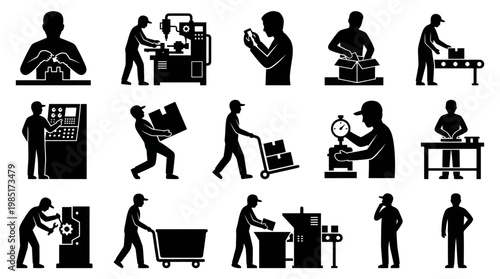 Manufacturing Industrial Process and Factory Worker Glyph Icons Set