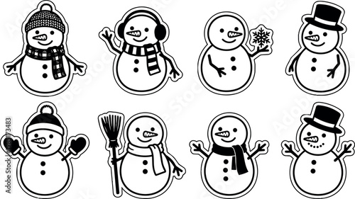 Black and white line art snowmen with hats scarves and mittens winter holiday icons