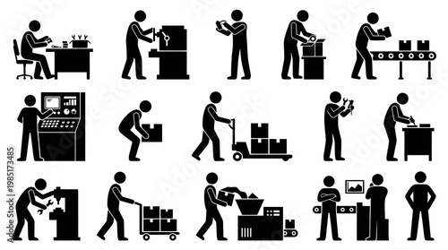 Manufacturing Production Process Workers Glyph Icons Set - Industrial Factory Operations Pictograms