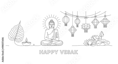 Happy Vesak Day: Buddha Meditation, Lotus Flowers, Lanterns & Diyas Line Art Illustration