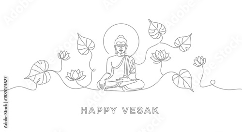 Serene Buddha Meditation Line Art with Lotus Flowers and Leaves - Happy Vesak
