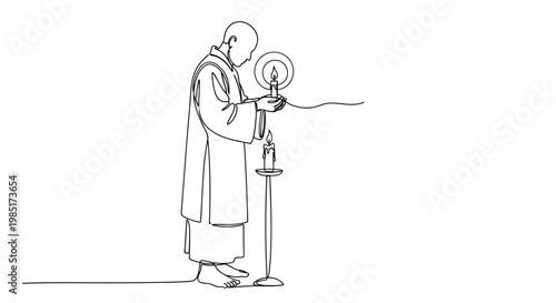 Buddhist monk praying with candle light, spiritual meditation, zen enlightenment, minimalist line art