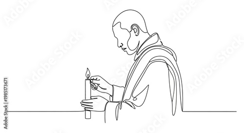 Monk Lighting Candle Single Line Drawing