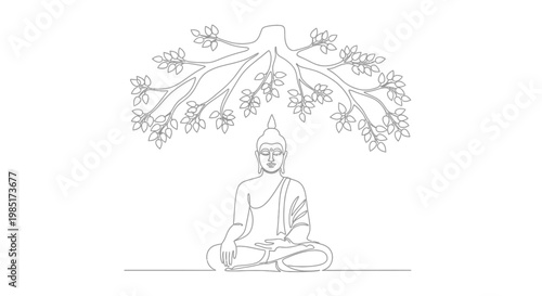 Buddha meditating under Bodhi tree, enlightenment, peace, spiritual, mindfulness, one line art