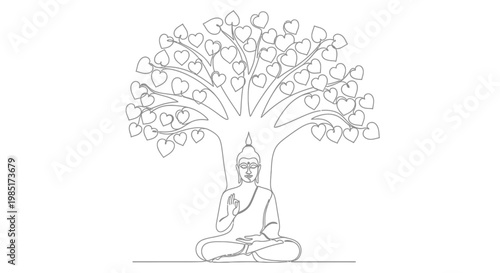 Buddha meditating under Bodhi tree, enlightenment, spiritual awakening, single line art