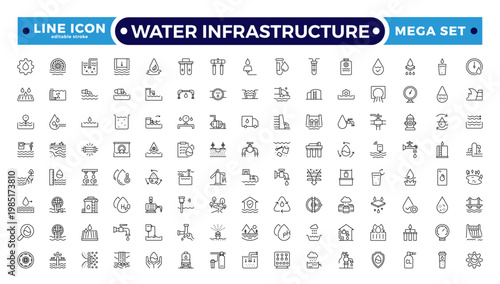 Water Infrastructure and Urban Utility Outline Icon set. A Professional Vector Set Featuring Plumbing Systems, Filtration, and Drainage. Editable stroke outline icon.