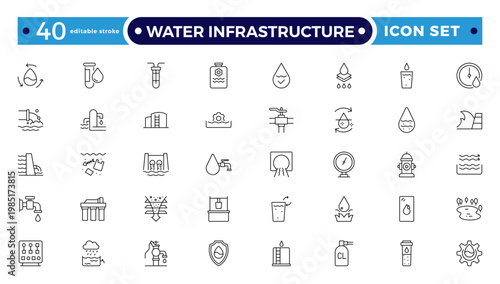 Water Infrastructure and Urban Utility Outline Icon set. A Professional Vector Set Featuring Plumbing Systems, Filtration, and Drainage. Editable stroke outline icon.