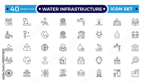 Water Infrastructure and Urban Utility Outline Icon set. A Professional Vector Set Featuring Plumbing Systems, Filtration, and Drainage. Editable stroke outline icon.