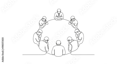 Group meditating in circle, unity, spiritual practice, mindfulness, abstract line art