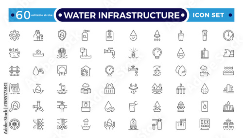Water Infrastructure and Urban Utility Outline Icon set. A Professional Vector Set Featuring Plumbing Systems, Filtration, and Drainage. Editable stroke outline icon.